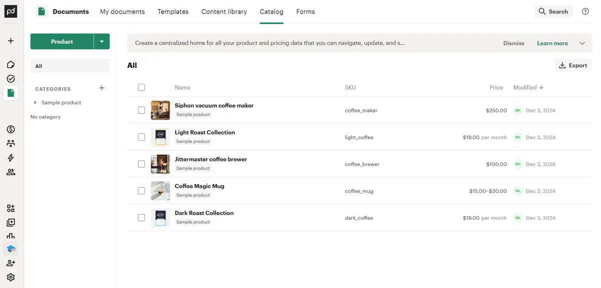 Set up your products using the PandaDoc product catalog tool