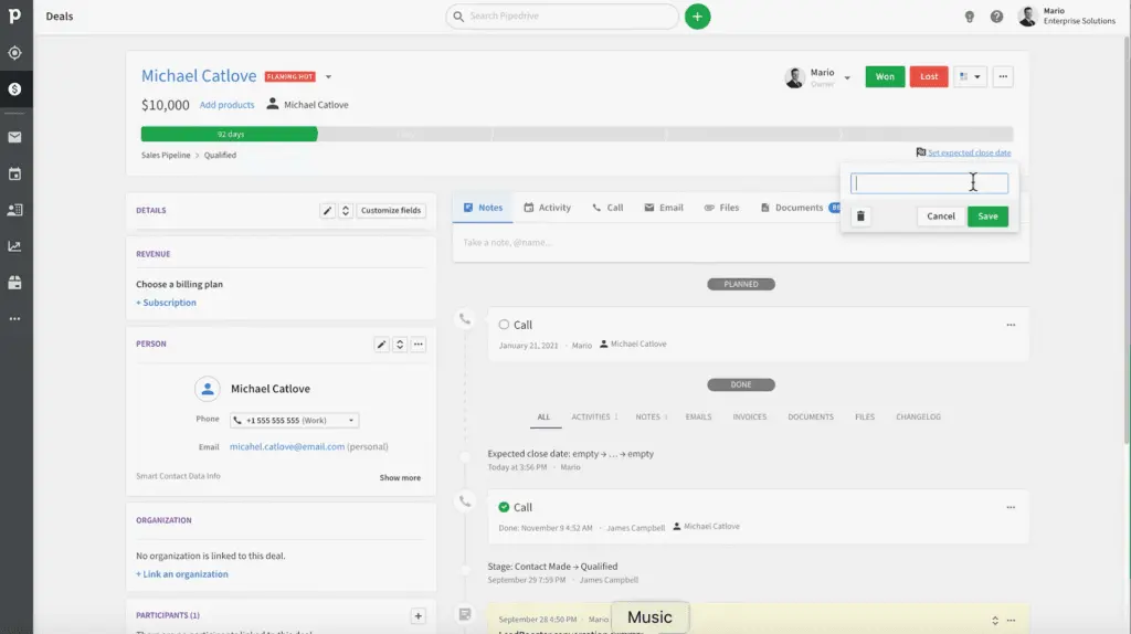Pipedrive also provides a high level of detail into deals, including completed and planned activities.