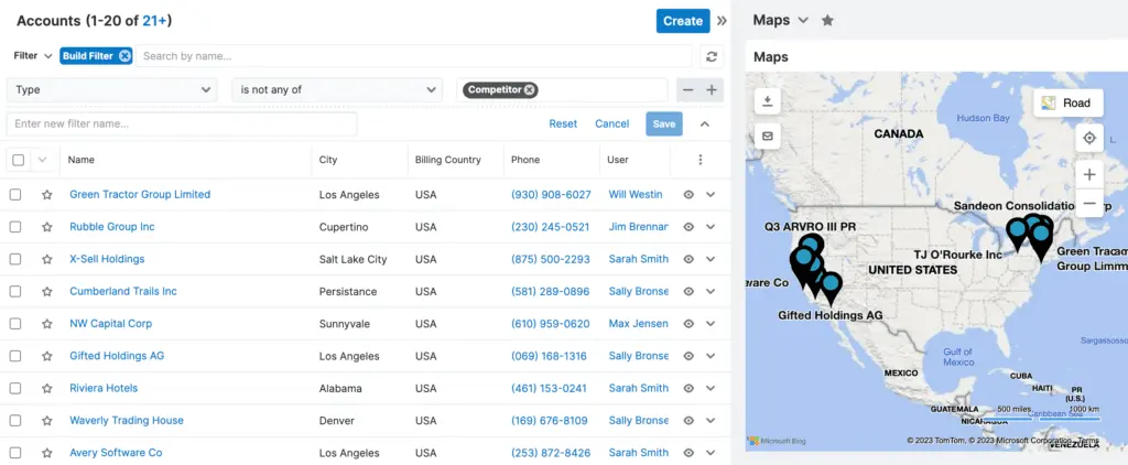 Sugar Sell's maps dashlet, which is available for list view and record view intelligence panes, displays pins for the geocoded records in the current list.
