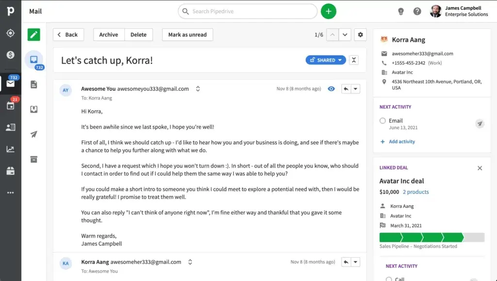 Pipedrive also offers email features to help improve agent productivity.