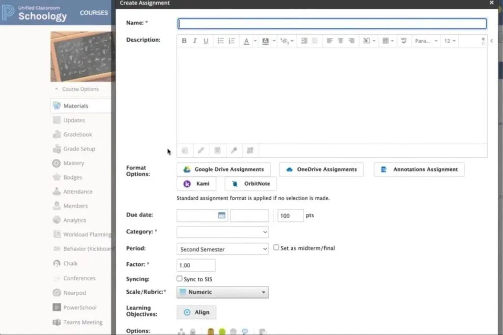 Schoology has an intuitive assignment creation option in addition to its course authoring and learner assessment tools.