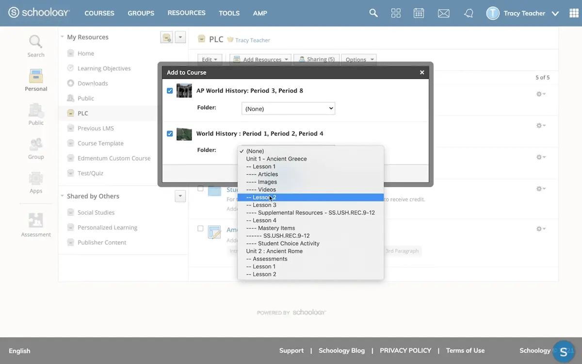 Schoology Resources enables collaborative creation and sharing of district-approved lesson plans with one-click access in courses.