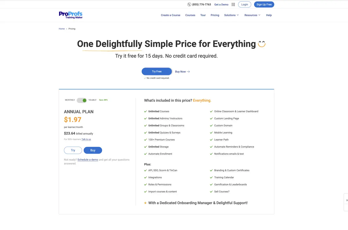 ProProfs Training Maker offers users a simple price for all its features and services.