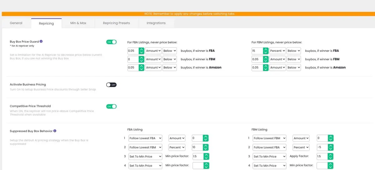 Seller Snap ensures efficient repricing; you can even set repricing rules depending on the type of listing.