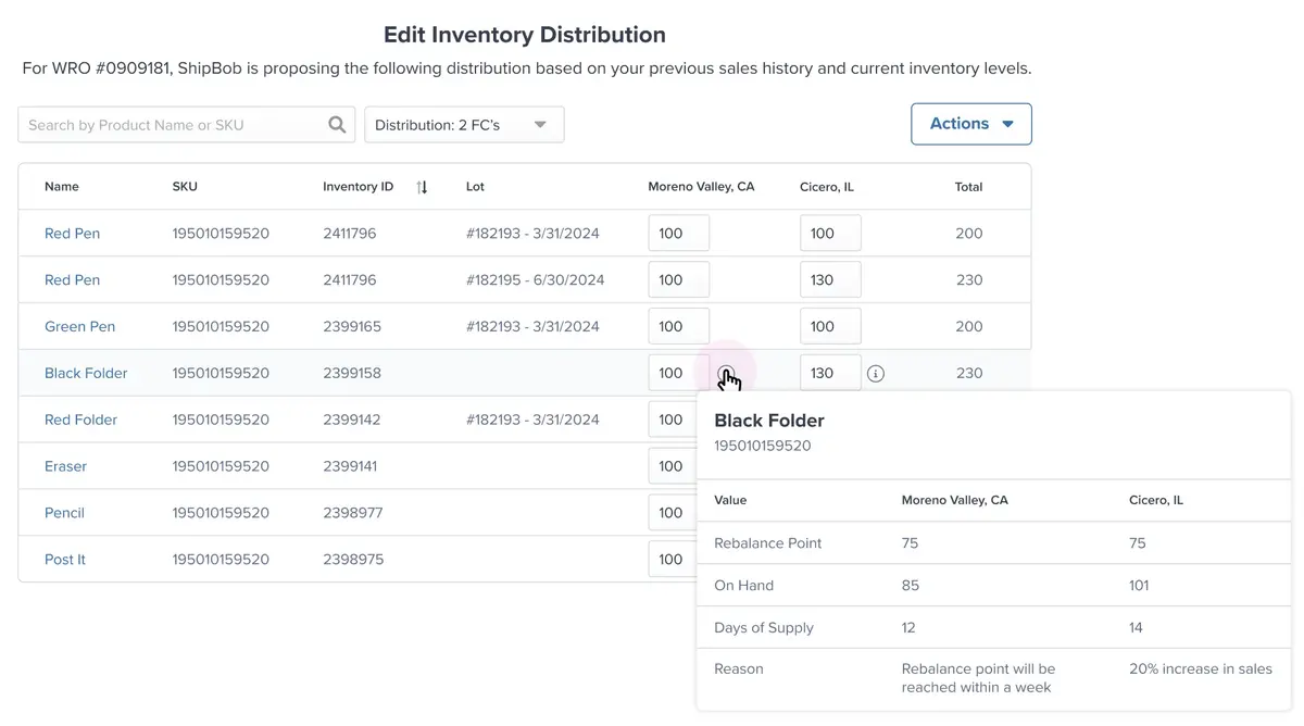 ShipBob can recommend inventory distribution strategies based on factors such as current inventory levels.