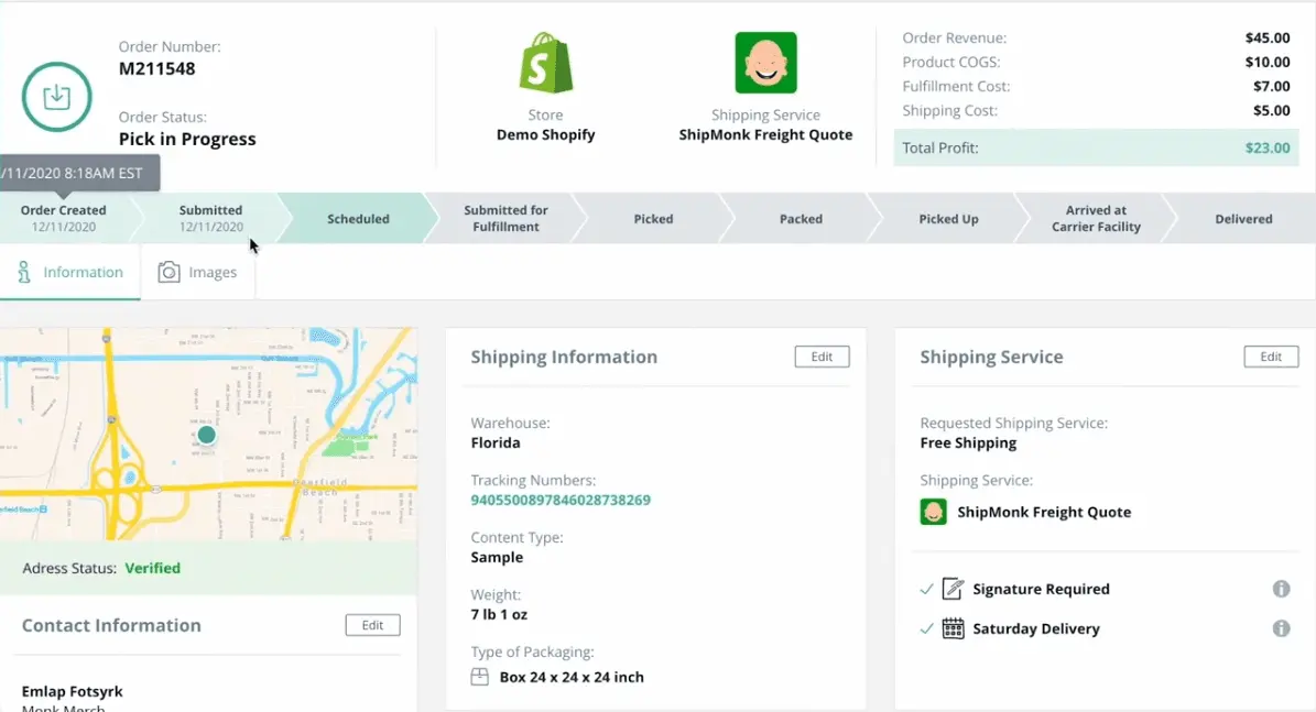ShipMonk provides detailed shipping information for each order.