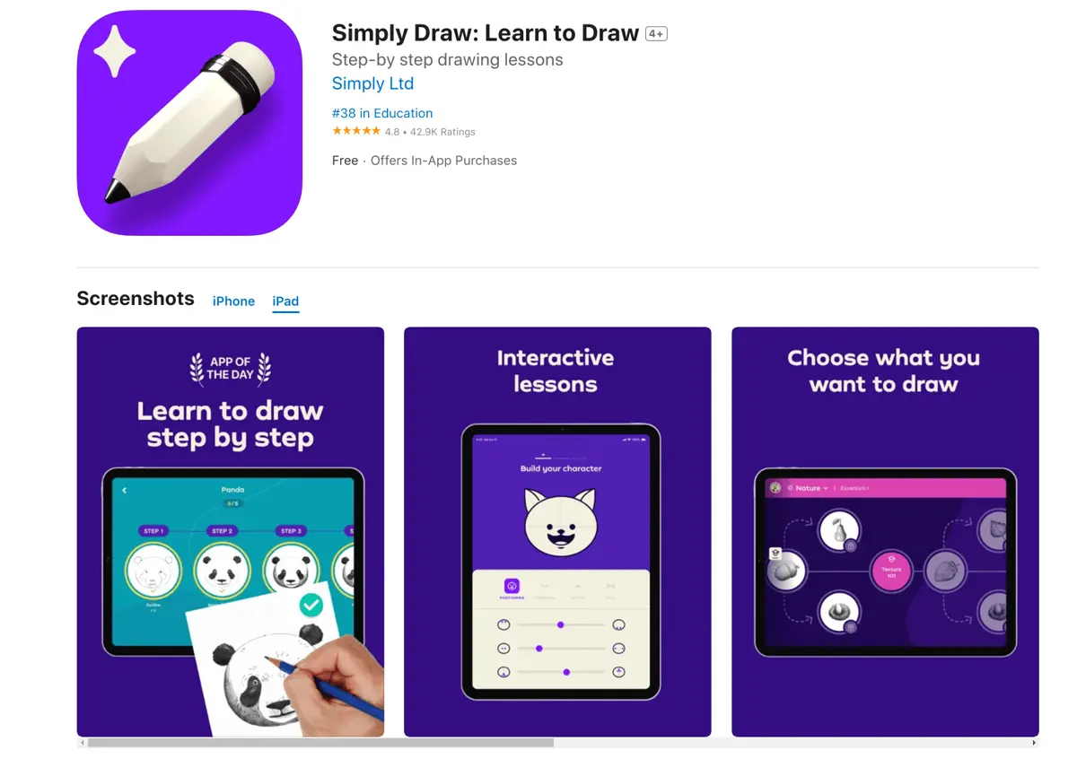 The Simply Draw app has an intuitive user interface and AI feedback for quick learning progress in drawing.