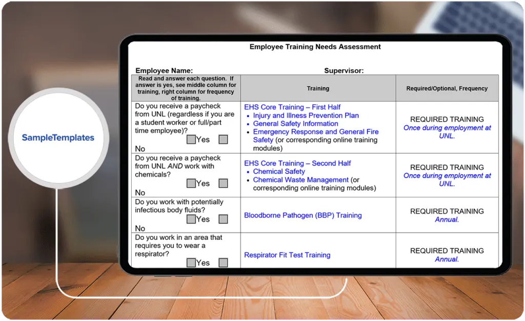 SampleTemplate’s training needs assessment form allows employees to identify the skills they have acquired over time.