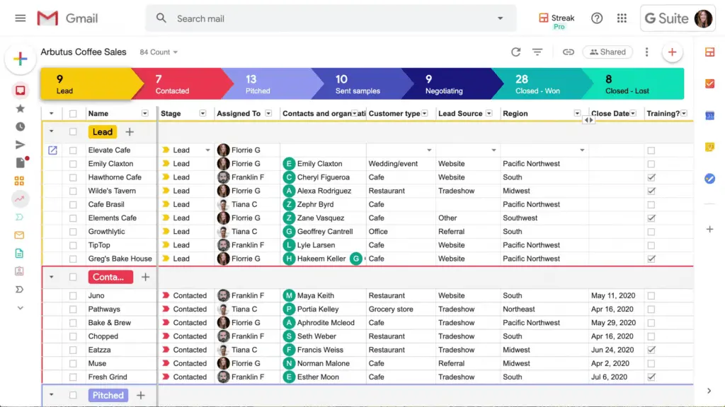 Streak's pipeline page leverages a spreadsheet view for easier tracking within your Gmail inbox.