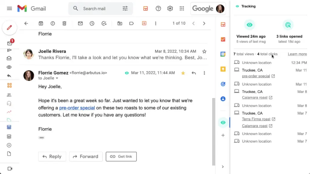 With email tracking, Streak displays the number of times views or links were opened.