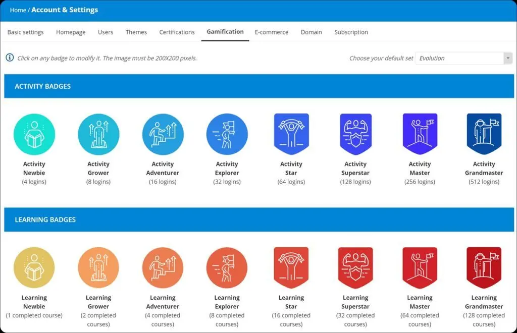 TalentLMS offers a variety of badge categories to highlight milestones in a user's progress, such as Activity and Learning.