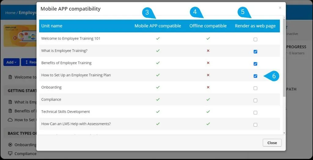 TalentLMS' Mobile App compatibility feature allows the rendering of SCORM files, HTML-based content, etc., as web pages within the mobile app, eliminating the need for users to leave the app and access the unit from a browser window.