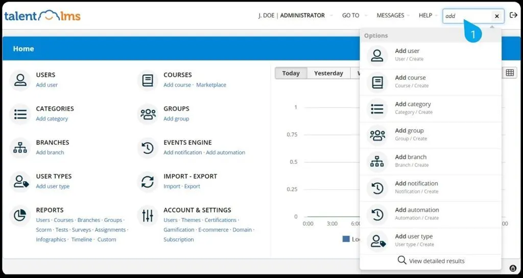 With the smart search feature in TalentLMS, you can quickly access your desired location within the platform by simply typing a keyword in the search box to display all related options.