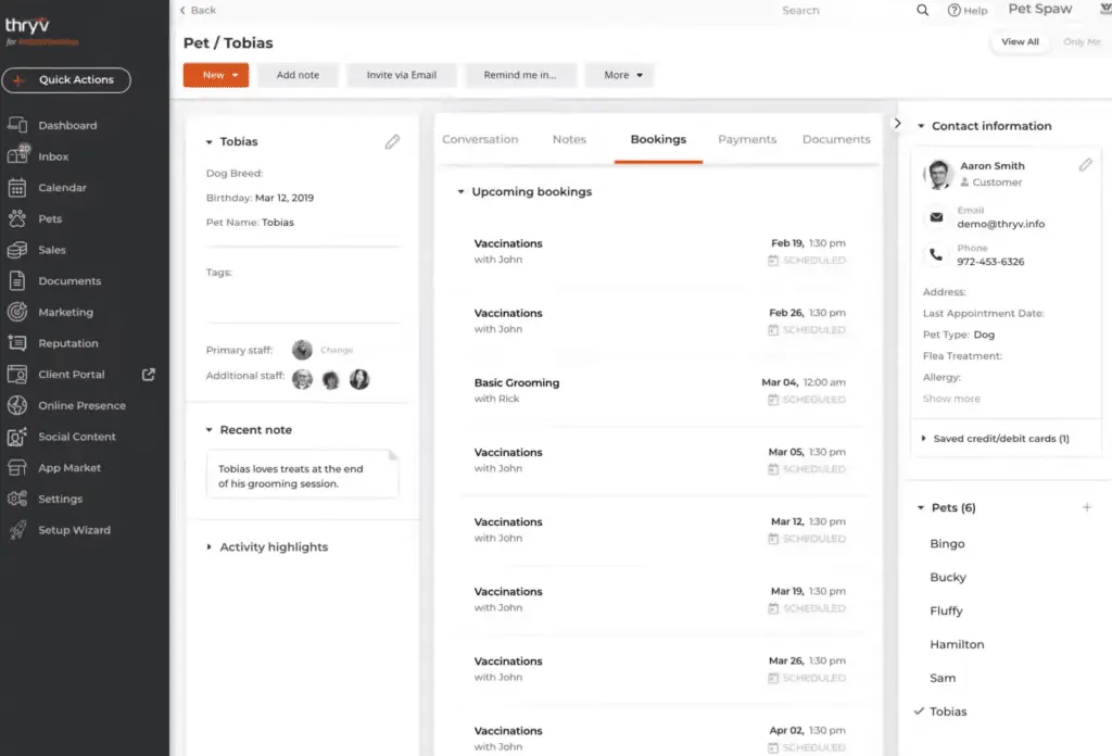 Thryv also collects all client information into one interface, including previous conversations and future bookings.