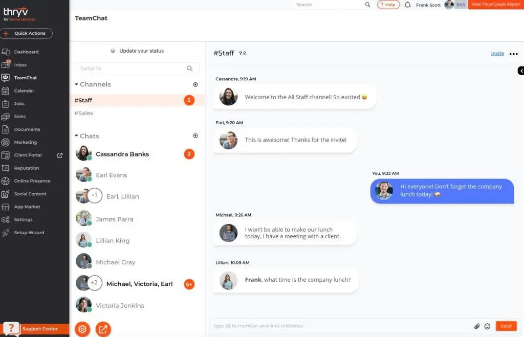 Thryv offers a Team Chat feature for easier collaboration, along with the ability to create channels for different teams.