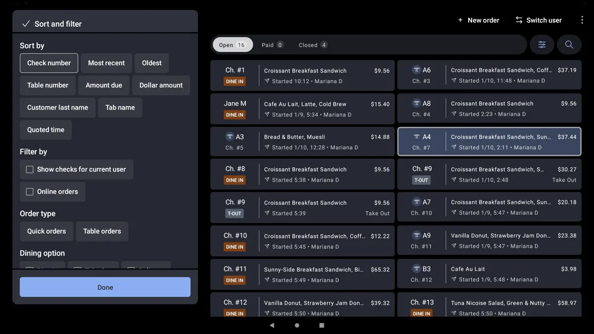 Toast POS lets users apply different filters for easier customer management.