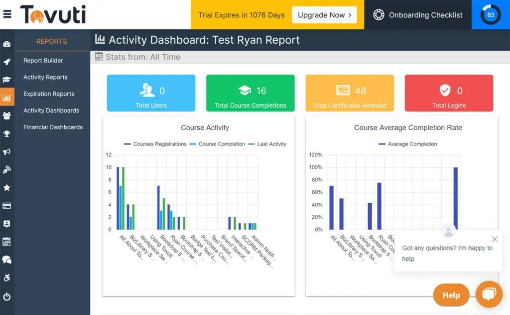 You can easily generate activity reports with Tovuti LMS.