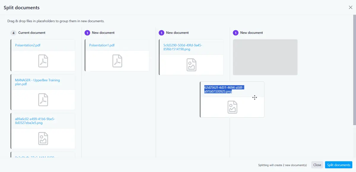 UpperBee split documents feature
