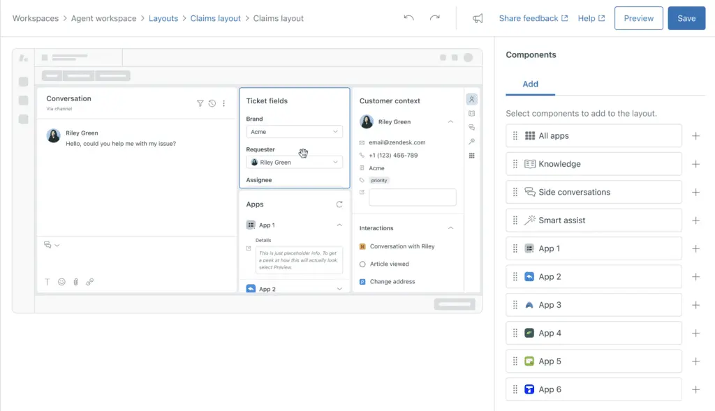 With Zendesk's layout builder businesses can create custom agent workspace layouts based on brands, workflows, and roles, among others.