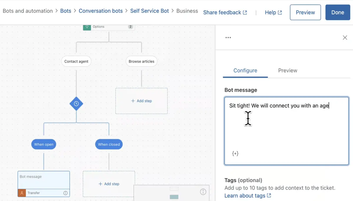 Zendesk self-service bot workflow automation