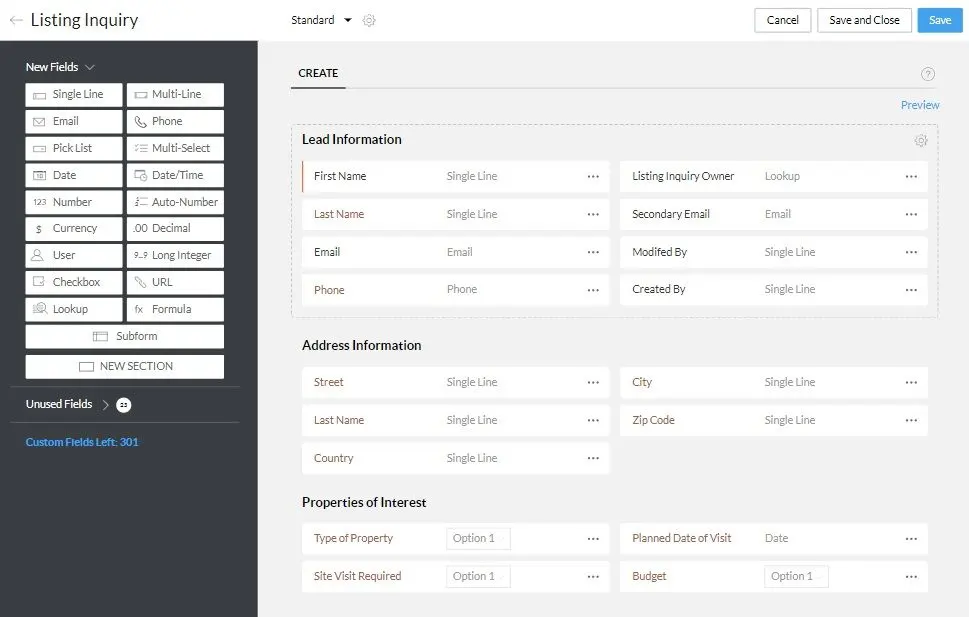 Available customizations for Zoho CRM.