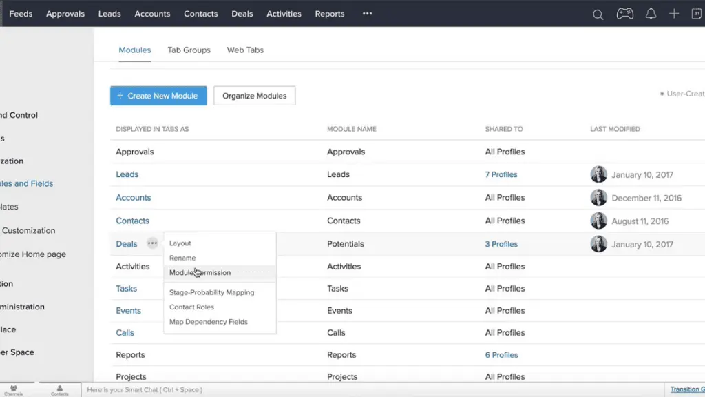 Zoho CRM modules allow you to categorize and track diverse aspects of your business, including Sales, Marketing, Customers, Products, Meetings, and more.