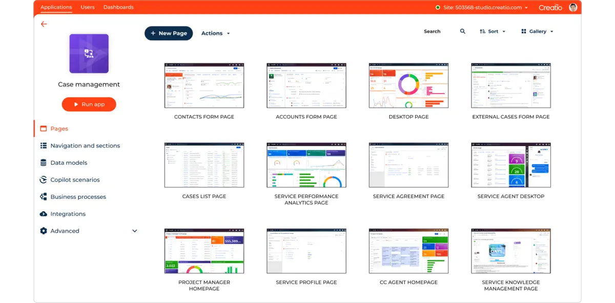 Creatio application dashboard.