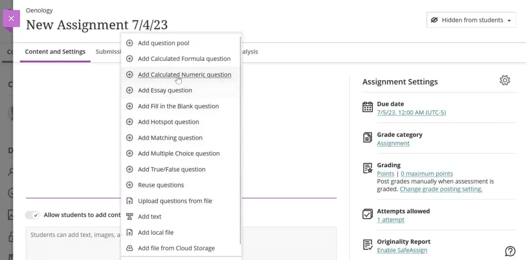Blackboard Learn allows users to add different types of questions to assignments.