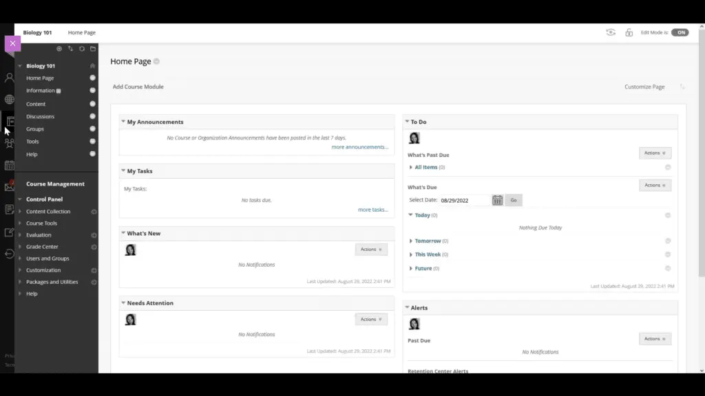 Blackboard Learn provides an overview of announcements, tasks, and activities that need attention.