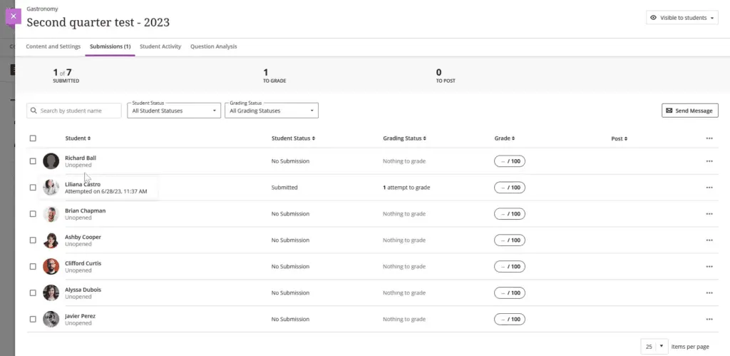 Blackboard Learn comes with a detailed Grades page for each test.