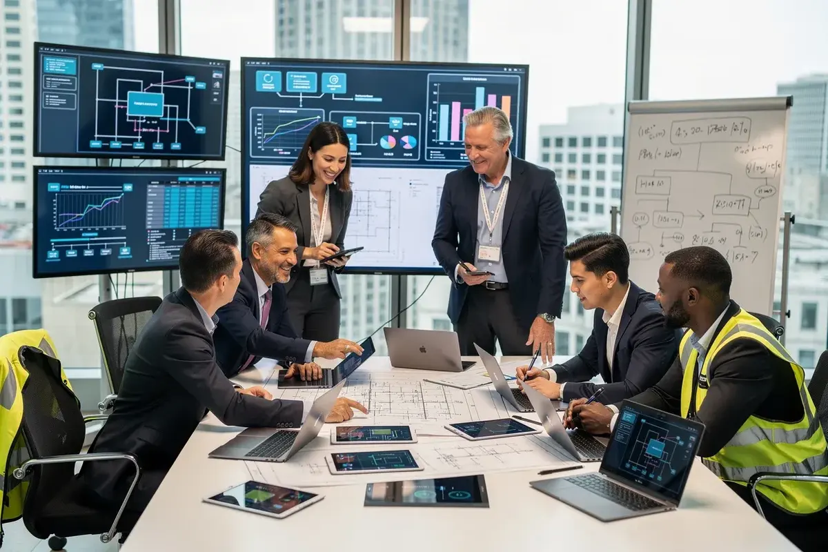 Equipe analisando dados e decisões de engenharia