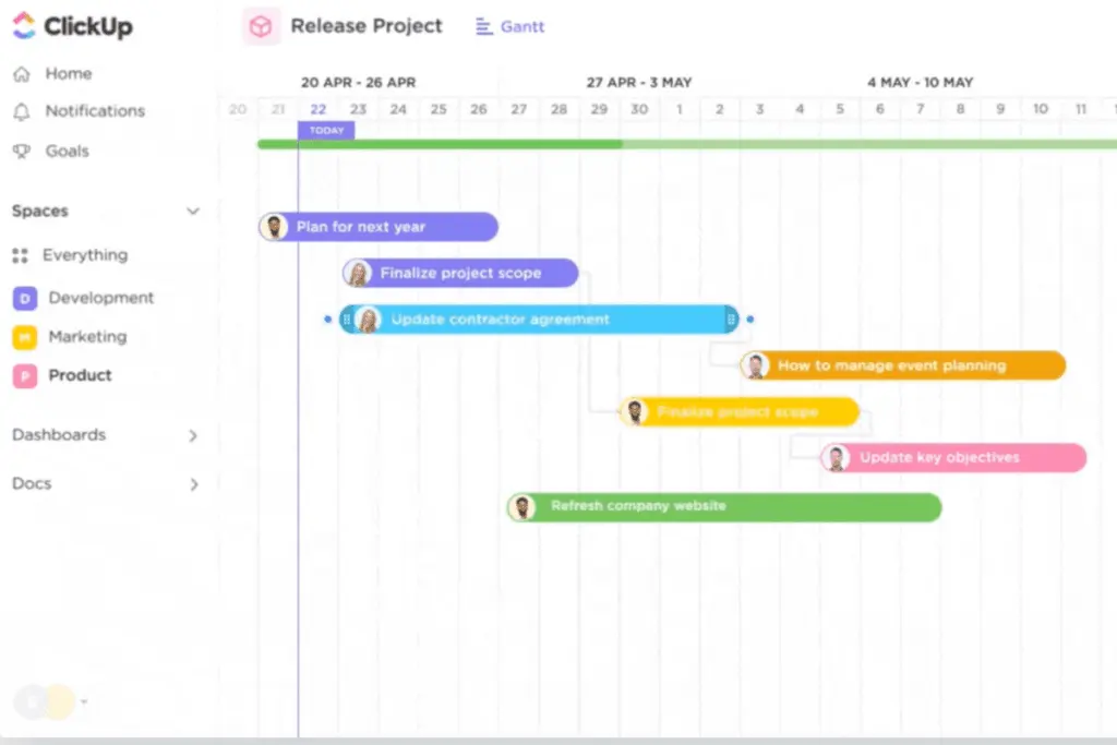 ClickUp facilitates the organization of tasks with team management and tracking.