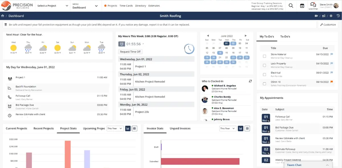 contractor foreman main dashboard