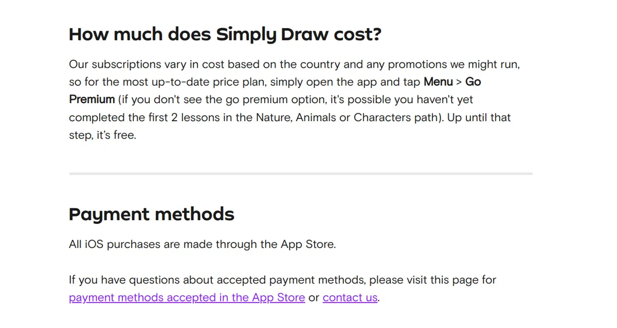 Various subscriptions and promos are available for Simply Draw, along with various payment options.