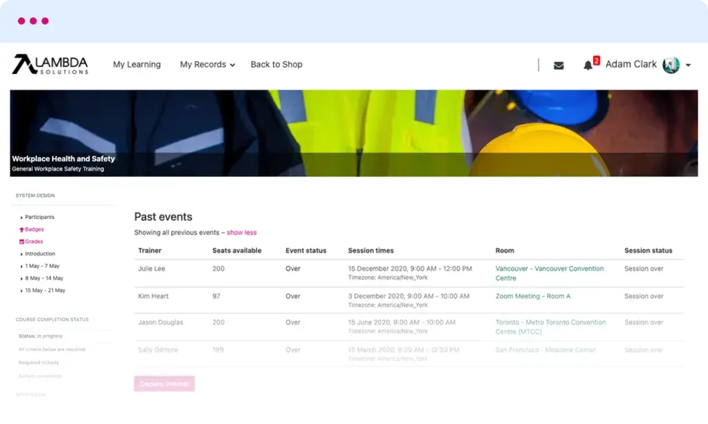 Details of previous events, such as attendance, schedule, and status, are displayed on the “Past events