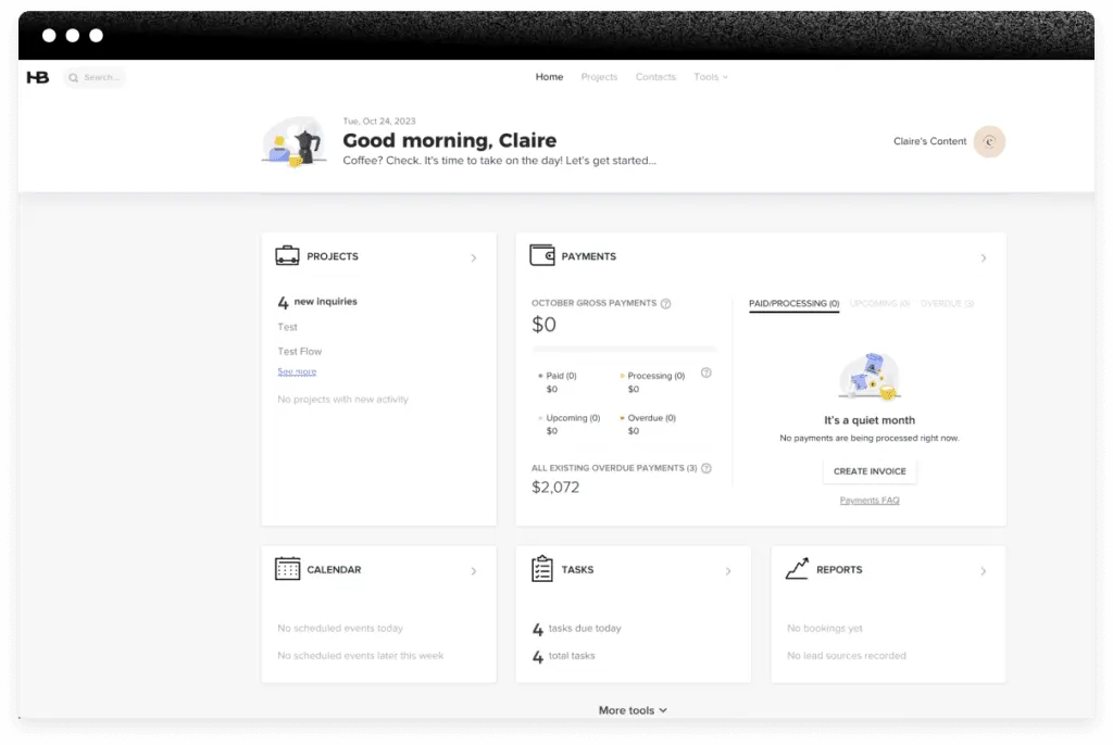 honeybook main dashboard