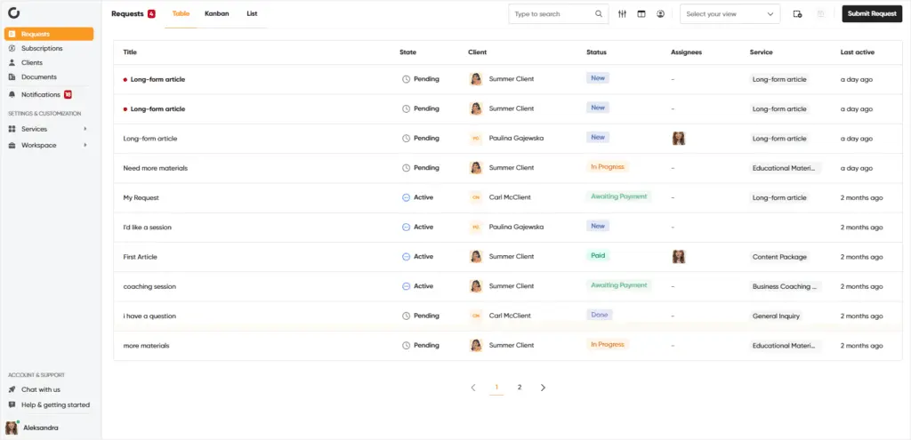 honeybook request interface