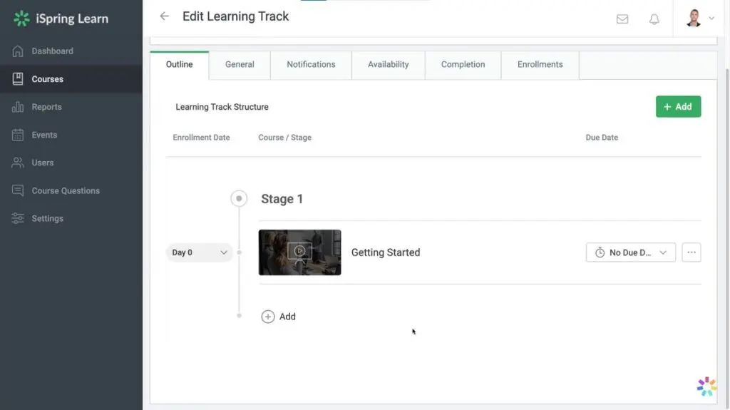 iSpring Learn lets you create a learning track by linking relevant courses together in a sequence, setting due dates for each step, allowing learners to progress through the track, and receiving a certificate upon completing the entire program.