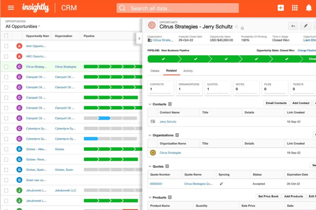 Insightly also offers a detailed view into each opportunity to give reps the context they need.