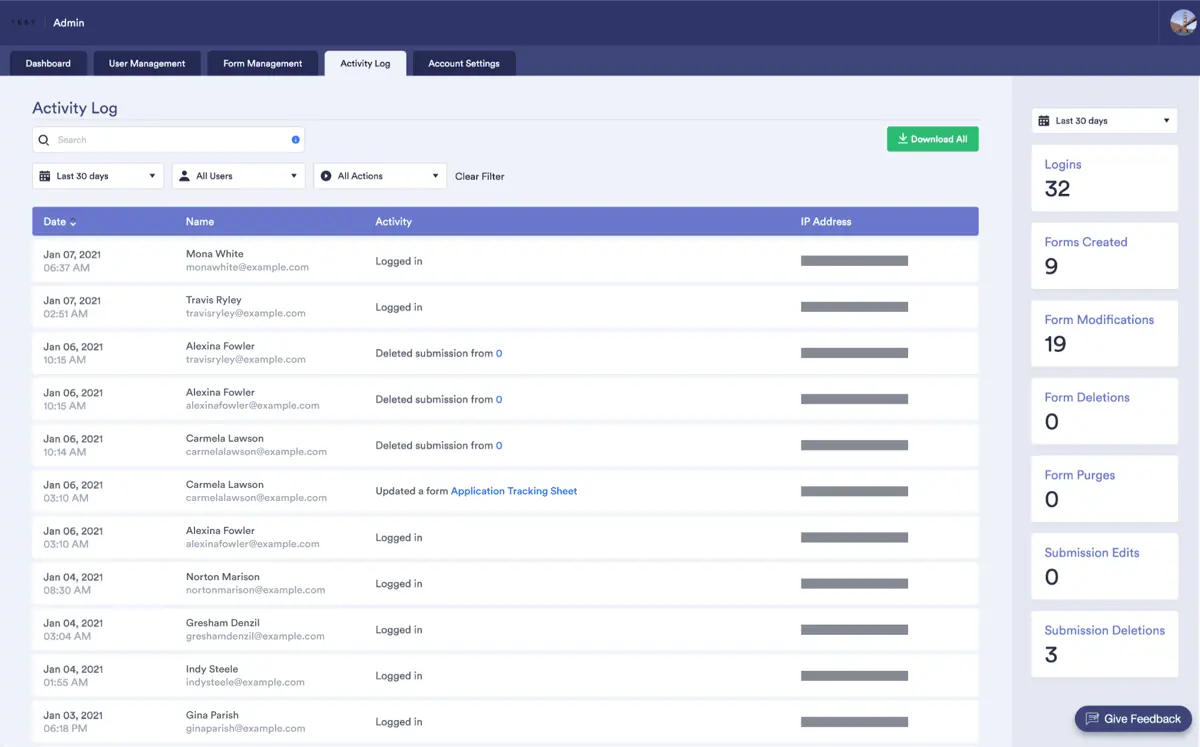 jotform activity log dashboard