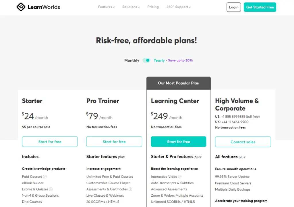 LearnWorlds offers various pricing plans for different business needs.