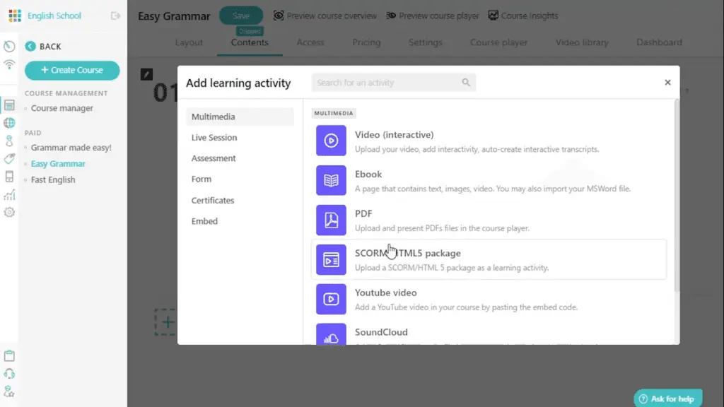 LearnWorlds lets users add different types of media to courses.
