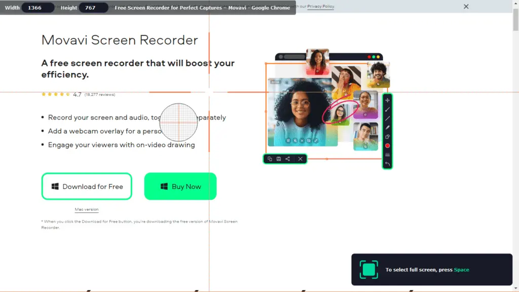 Movavi lets you choose the size specs to capture.