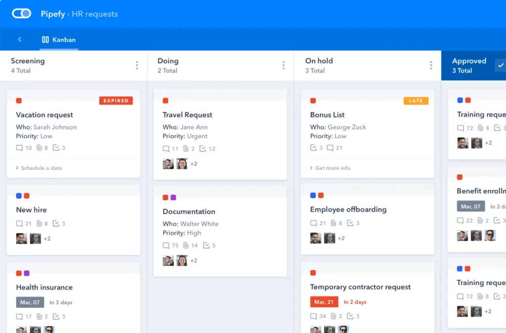 Pipefy allows users to arrange tasks on Kanban boards.