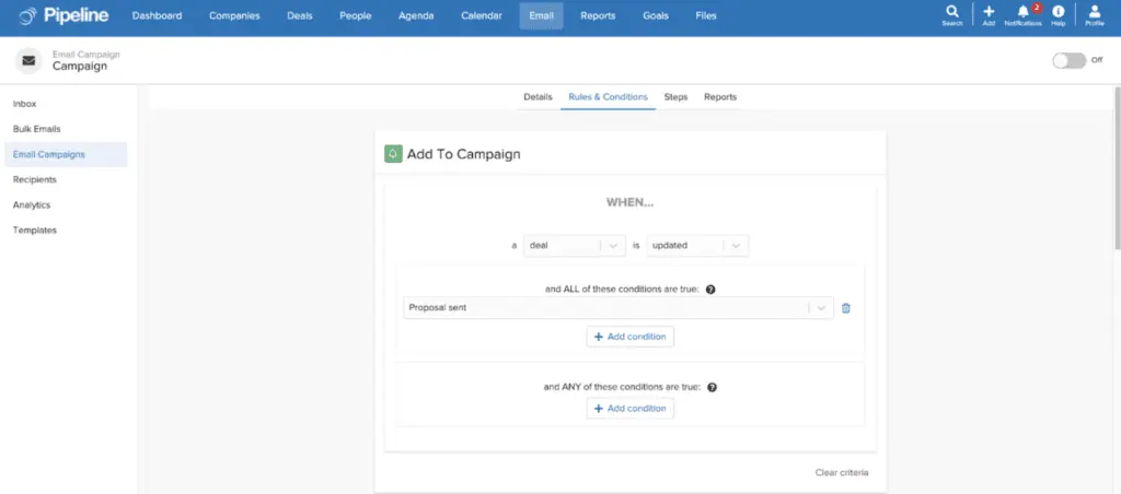Pipeline now allows users to set up email campaigns for easier lead nurturing.