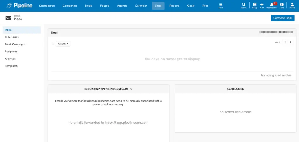 With Pipeline CRM, users can view email history, send messages, schedule follow-ups, and track email performance directly within the CRM.