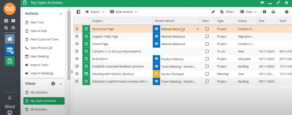Workbooks CRM activities