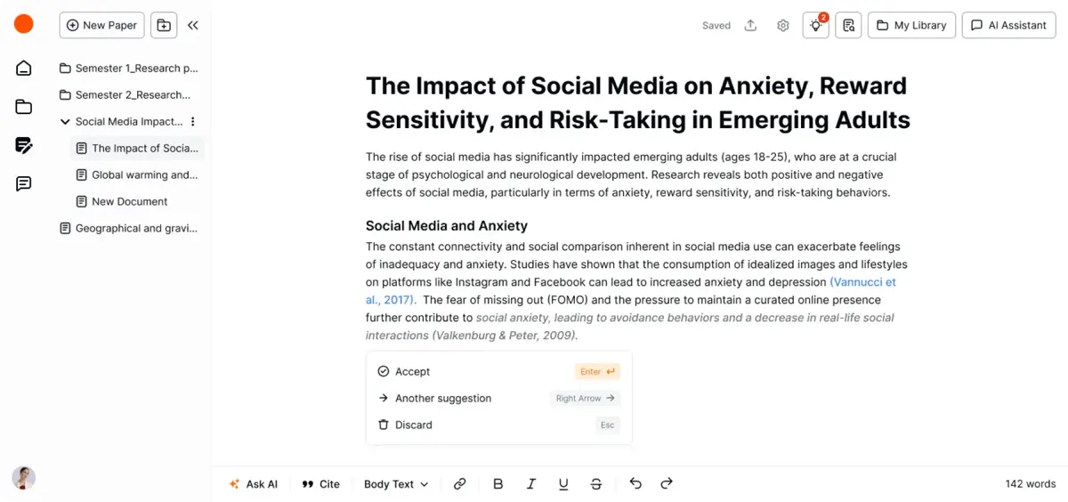 Paperguide is equipped with an AI writing tool that helps users write every section of a research paper.