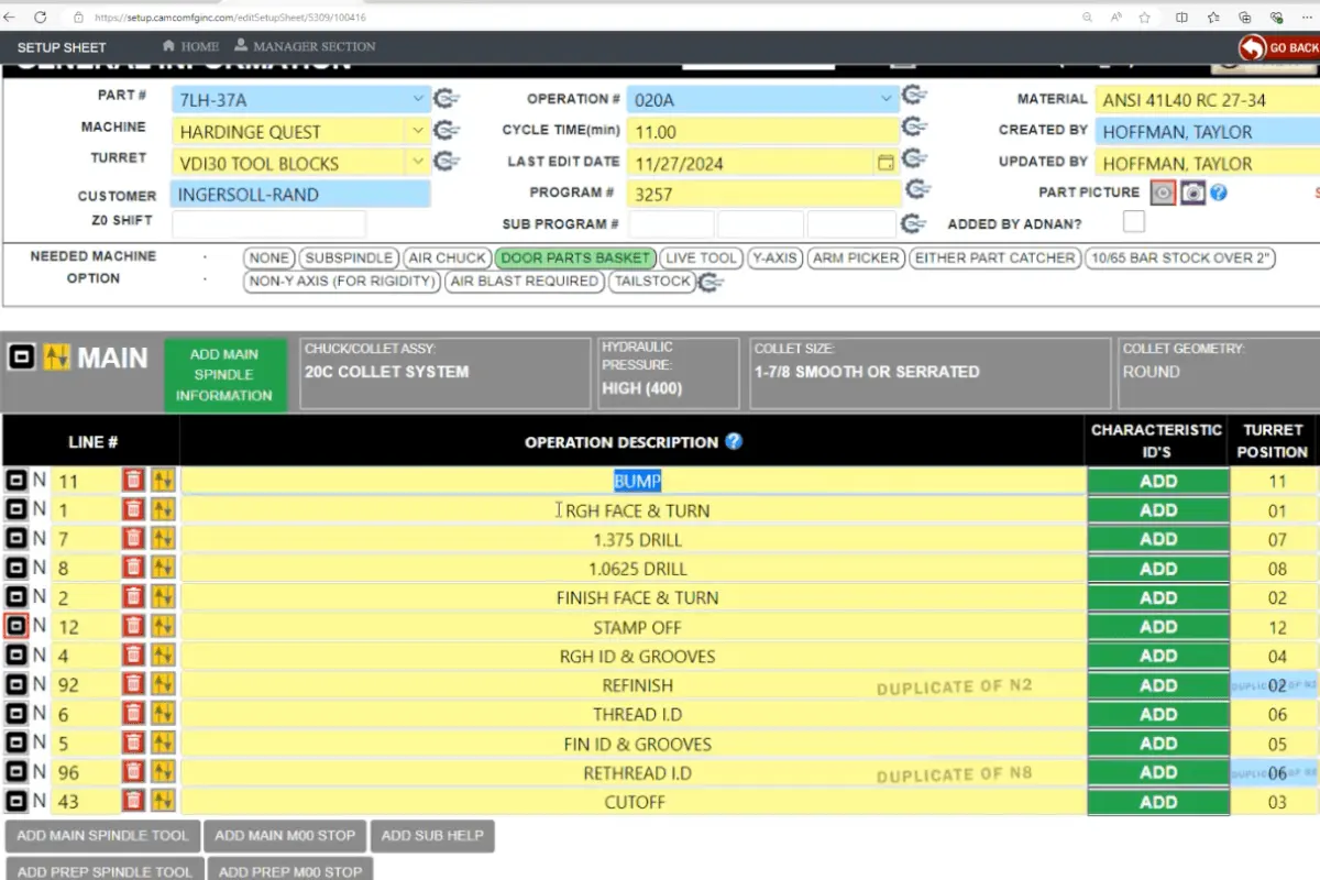 zuggo manufacturing erp cnc setup sheet