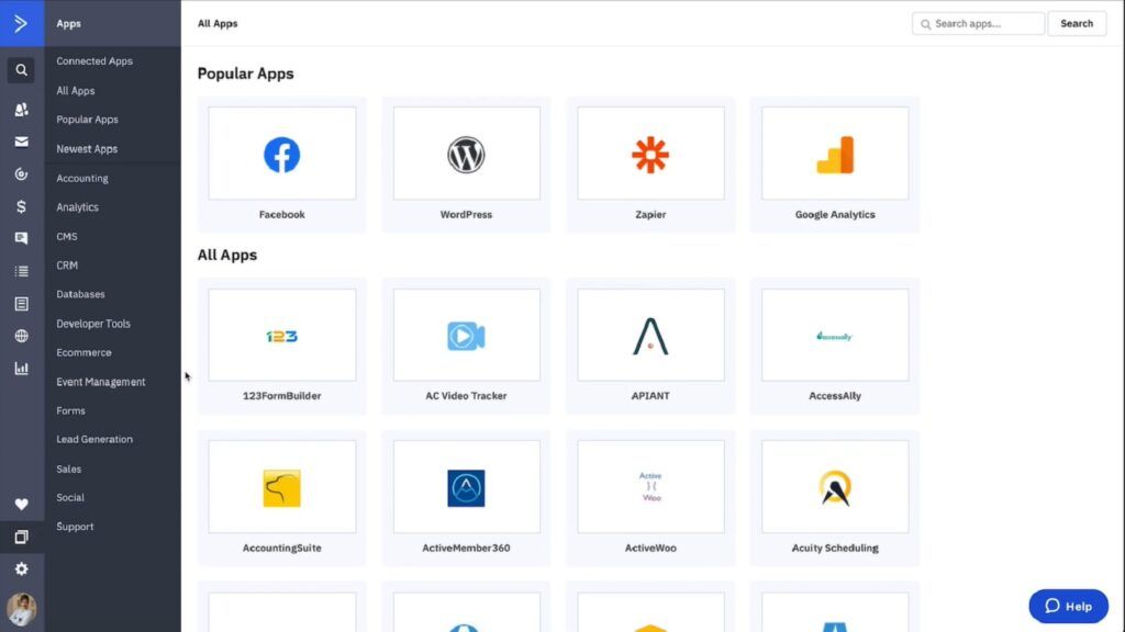 Available integrations for ActiveCampaign for Sales.